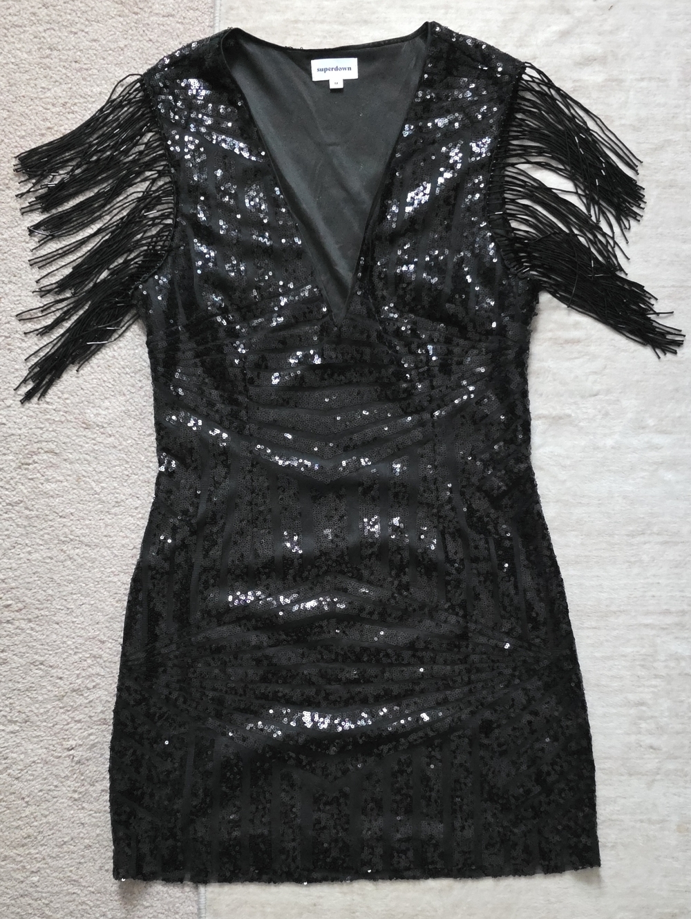 superdown Black Sequin Fringe V-Neck Mini Dress